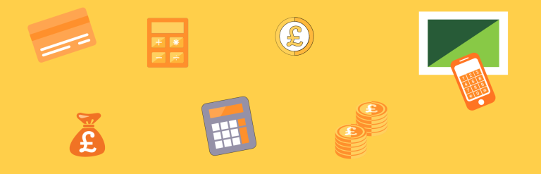 Various debt and money related items such as coins and calculators