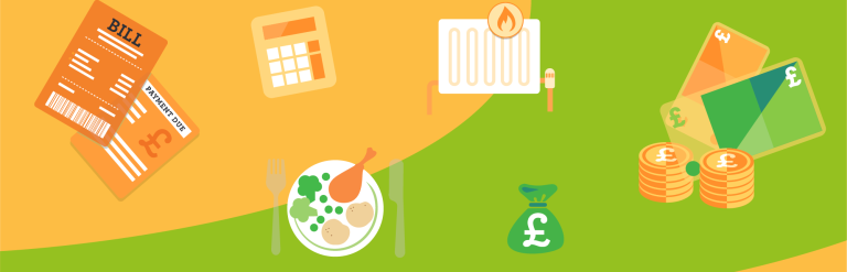 Various debt and money related items such as coins and calculators